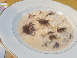 Risotto con gamberi bianchi e rossi con alga Mauro e stracciatella di bufala e Grillo Tasca